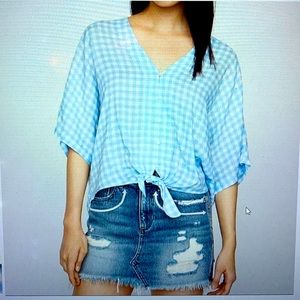 Express blue checked tie front top